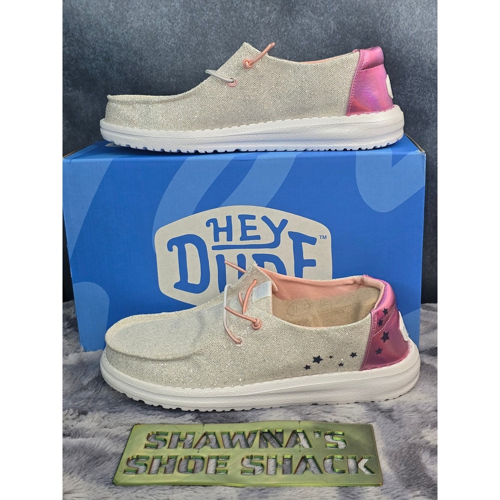 NWB Hey Dude Wendy Y Iridescent Star Silver Pink Glitter Shoes Kids Size 5